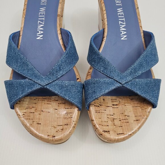 NEW Stuart Weitzman Carmen Midi Sandal Womens 8.5 Denim Cork Platform Wedge - Picture 5 of 12